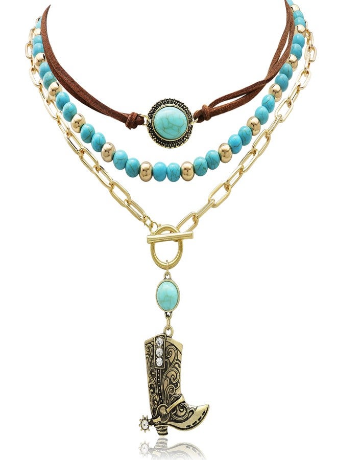 Fscwlmon 3 Pcs Layered Western Cowgirl Necklaces for Women Boho Turquoise Beaded Western Jewelry Rhinestone Cowboy Hat Boots Ox-Head Pendant Choker Paperclip Chain Cowboy Chic Country Accessory XZGJ - Image 1